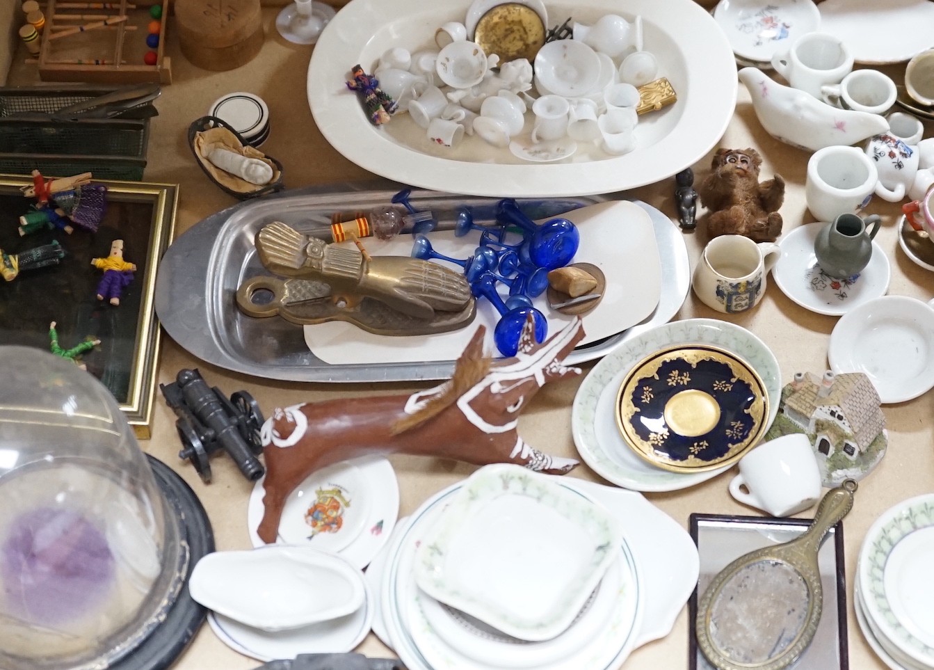 A collection of mixed odd dolls house ceramics including a miniature toy monkey, possibly Schuco